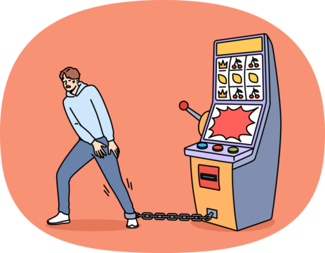 Gambling addiction of man tied with chain to slot machine made guy hostage to casino. Unhappy young human suffers from digital addiction and cannot free himself from passions to excitement