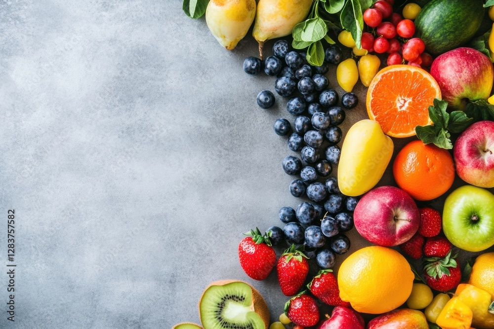 Poster fresh assorted fruits arranged beautifully on a gray surface with vibrant colors and textures for cu