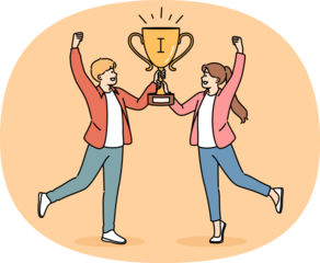 Joint victory of two schoolchildren, joyfully holding golden cup for participating in team intellectual game. Joint victory of children raising hands up after triumphant return from tournament