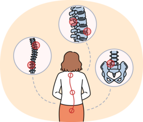 Woman with sore spine stands with back to camera and needs help of massage therapist or osteopath. Businesswoman sore spine appeared as result of sedentary lifestyle and bad office chair.
