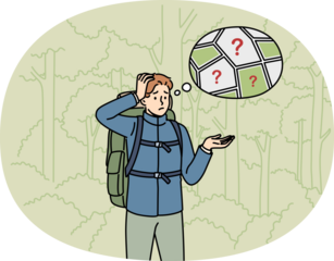 Man gets lost in forest and stands among trees, remembering route to house or highway. Confused guy gets lost and needs help from rescue service to avoid encountering wild animals.