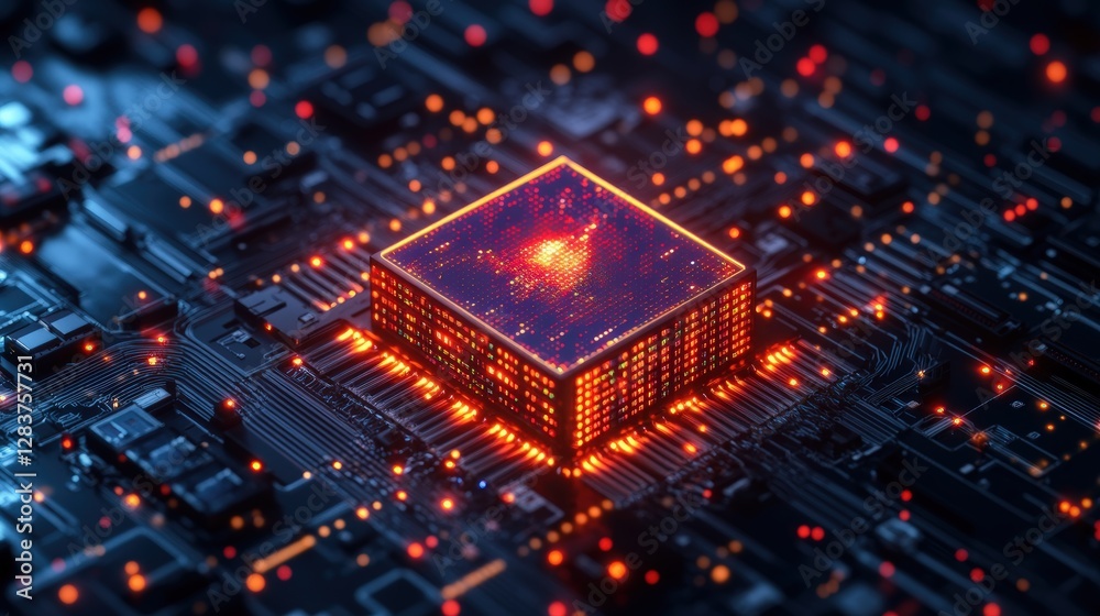 Poster computer processor with glowing red light in a modern data center filled with server racks and cooli