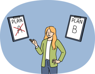 Business woman suggests alternative plan, pointing with hand at clipboard with inscription plan b