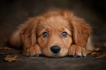 Obraz premium Adorable Golden Retriever Puppy Autumn Leaves Sweet Eyes,