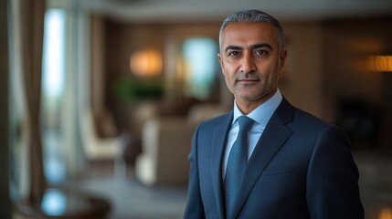 Fototapeta premium Confident Middle Eastern Businessman in Modern Hotel Lobby