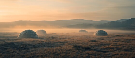 Mystical morning mist envelops rounded dome structures scattered across an expansive field as the sky awakens with warm, gentle tones.