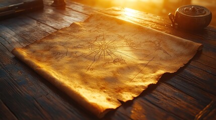 Sunlit Treasure Map on Wooden Desk