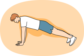 Man doing push-ups makes progress in losing weight, and feels disappearance of thanks to fitness and sports. Guy demonstrates correct execution of push-ups from floor to achieve result