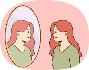 Bipolar disorder in woman smiling but feeling suffering in soul, and looking in mirror. Problems of bipolar disorder in girl seeing crying reflection due to psychological disturbance