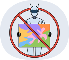Ban on use of AI in art is shown by sign with crossed out robot holding artwork. Concept of restrictions on AI distribution due to copyright infringement in arts and creative industry