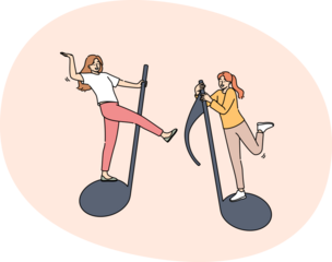 Women who love music and karaoke fly on musical notes and dance, enjoying cheerful atmosphere. Two female vocalists visit karaoke to relax and sing favorite songs from popular bands