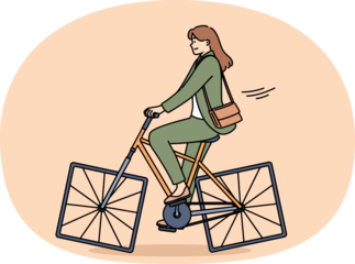 Stupid business woman has problems with productivity and efficiency, rides bicycle with square wheels. Stupid businesswoman needs advice or advanced training to avoid professional mistakes