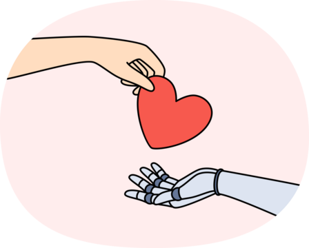 Collaboration of man and artificial intelligence is demonstrated by hands exchanging heart symbolizing readiness of synergy. Artificial intelligence or ai robot gains soul and emotions from humans