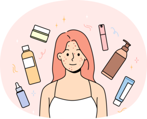 Woman with freckles and pimples on face smiles, stands among jars of creams and gels or shampoos. Cosmetology products around girls who want to get rid of acne and freckles on skin.