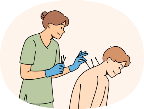 Acupuncture procedure from eastern alternative medicine for man sitting near woman doctor. Girl gives acupuncture to patient to combat pain in spine or osteochondrosis causing poor posture.