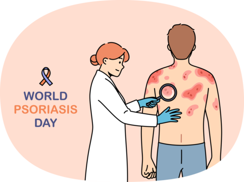 World psoriasis day inscription near doctor examining patient with eczema on back. Medical banner with man suffering from psoriasis at appointment with female dermatologist in white coat
