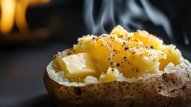 Close-up of a baked potato with butter, macro shot, food photography ベイクドポテトと溶けたバターのクローズアップ写真