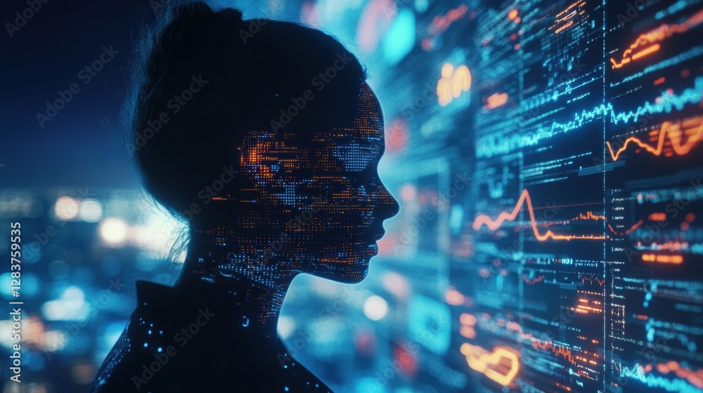 Poster human silhouette filled with futuristic ai graphs and data analytics against a city night backdrop. 