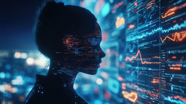 Human silhouette filled with futuristic AI graphs and data analytics against a city night backdrop. Generative AI - Powered by Adobe