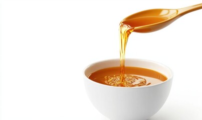 Golden liquid pouring from spoon into white bowl on white background