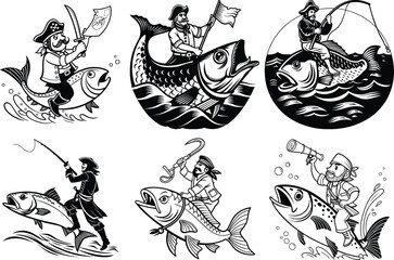 Obraz premium Fish Character Icons in Sketch Style, with Nautical Symbols and Waves, Forming a Playful Pattern Design for Children