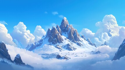 Majestic Snow-Capped Mountain Peak Surrounded by Fluffy White Clouds and Clear Blue Sky in a Serene Natural Landscape