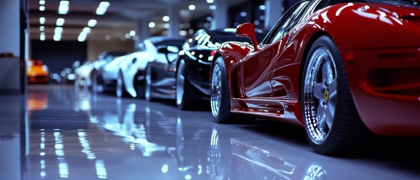 A lineup of sleek sports cars in a polished showroom reflects opulence and modern design on a glossy floor, evoking luxury and speed.