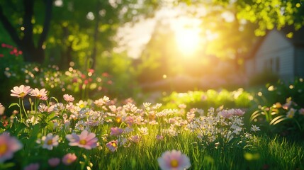 Obraz premium Sunny garden flowers, village background