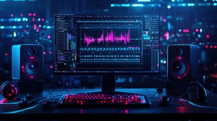 High-Tech Audio Editing Workspace with Computer Screen, Speakers, Headphones, and Neon Lights in a Modern Music Production Environment