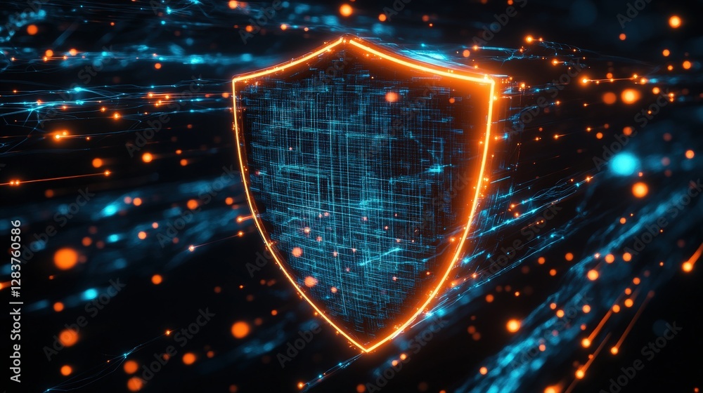 Poster high-tech glowing shield with illuminated edges hovering in a futuristic environment