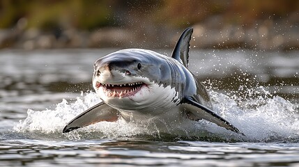 Fototapeta premium Great white shark splashes water during attack in sea, ocean background, for wildlife biology study, use