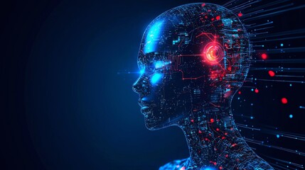 Fototapeta premium Robot head with red light and artificial intelligence quantum computing technology concepts