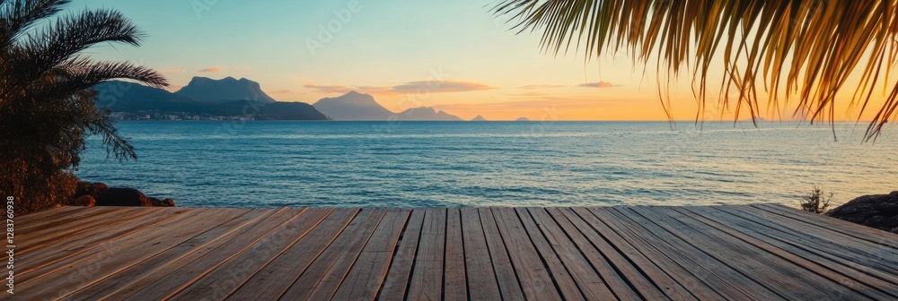 Poster ocean view at sunset with wooden deck and palm trees near coastal mountains. generative ai