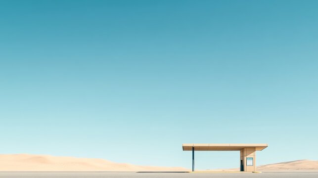A toll booth in a desert landscape with vast sand dunes. Featuring no cars and a clear blue sky