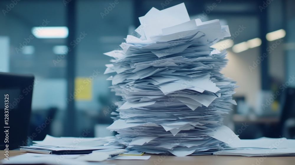 Poster towering stack of papers dominates a cluttered office desk, symbolizing the stress and chaos of mult