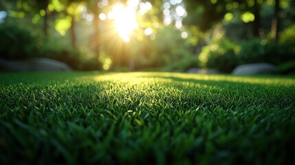 Naklejka premium Sunny park grass, golden light, tranquil setting