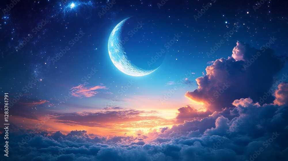 Poster in the serene twilight, a growing moon casts its gentle glow across the blue sky, framed by soft, bi