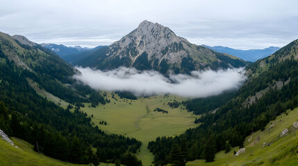 Fototapeta premium Majestic mountain peak valley fog landscape, scenic view, travel postcard