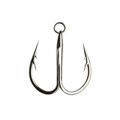 Fishing hook with sharp points and metallic finish, ideal for anglers. This double pronged hook is designed for effective catch and durability