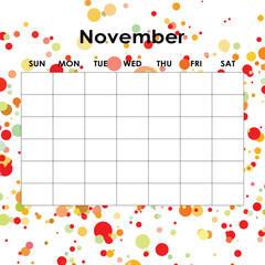 Noveber. Calendar planner. Corporate week. Template layout, 12 months yearly, white background. Simple design for business brochure, flyer, print media, advertisement. Week starts from Monday.