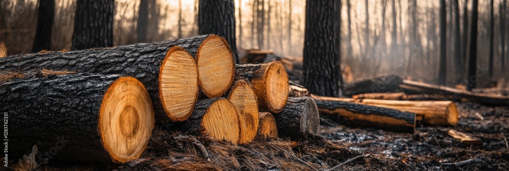 Poster timber logs stacked in a forest clearing during sunrise with golden light illuminating the landscape