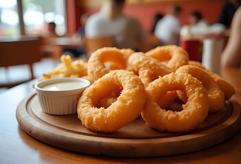 Golden fried onion rings served with dipping sauce on a wooden board in a restaurant