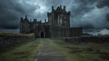 Naklejka premium Royal castle with gates, windows and towers in rainy weather. Path to entrance to fabulous medieval palace for king, queen and princess. Cartoon gloomy vector landscape with cloudy sky and lightning.