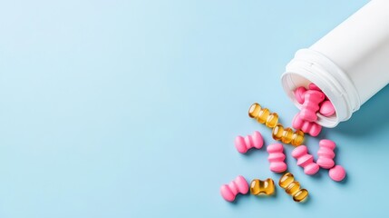 Pills spilling out of white bottle on blue background with pink and yellow capsules