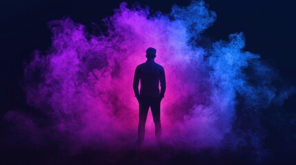 Mysterious Silhouette of a Person Surrounded by Colorful Smoke in Shades of Pink and Blue against a Dark Background