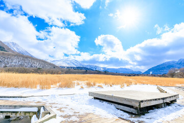 Obraz premium 冬のタデ原湿原 くじゅう連山 大分県玖珠郡 Tadewara wetland in winter. Kujuurenzan. Oita Pref, Kusu-gun.