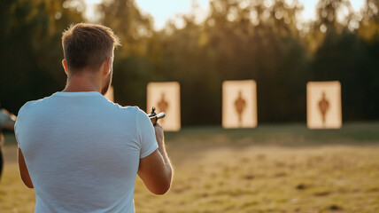 A man is holding a gun and standing in a field with three targets in front of him. The scene is tense and serious, as the man is preparing to shoot at the targets