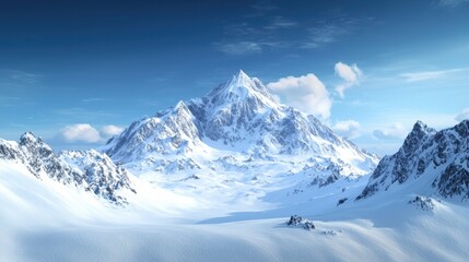 Majestic snow-covered peak reflecting the beauty of nature in a clear blue sky with soft clouds in a breathtaking winter landscape