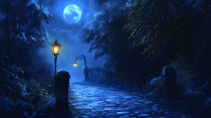 Moonlit path nighttime lane with glowing lamps and fence. Eerie Moonlit Alleyway. Illustration