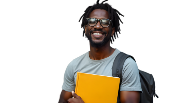Smiling young African American college student with books and backpack, wearing glasses, isolated on transparent background - Powered by Adobe
